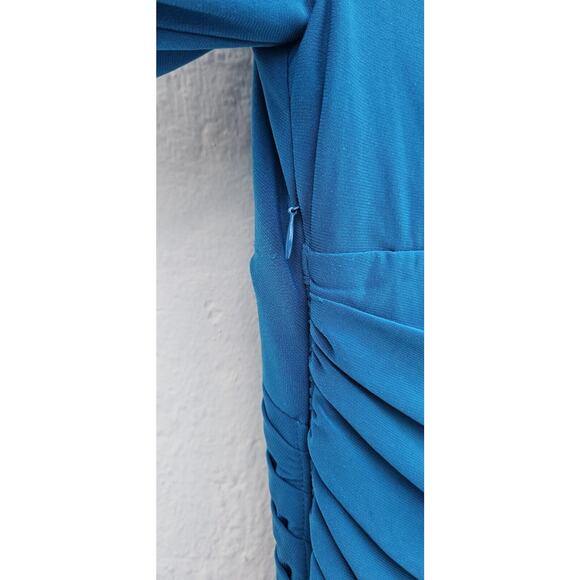 Miss Sixty M60 Dress Medium Blue Ruched Pleated V Neck Bodycon Short Sleeve Mini - Picture 4 of 11